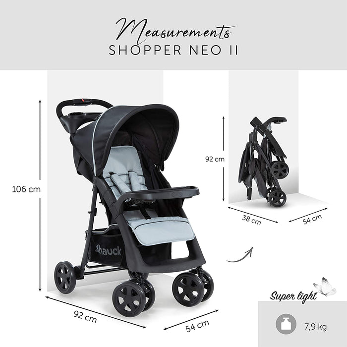 Hauck Kinder Buggy Shopper Neo II mit zwei Getränke- und Zubehör Ablagen, Einhändig Klein Zusammenklappbar, Leicht, Bis 25 kg, mit Liegefunktion