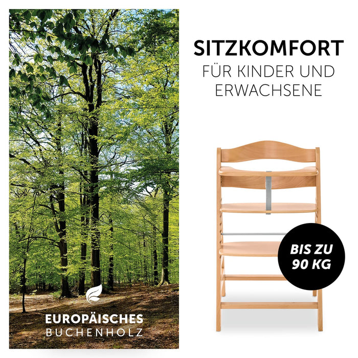 Hauck Kinder Hochstuhl Alpha+, Mitwachsend ab 6 Monate, Buchenholz, Stabil & Sicher bis 90 kg, Inklusive 5-Punkt-Gurt, Schrittgurt und Schutzbügel
