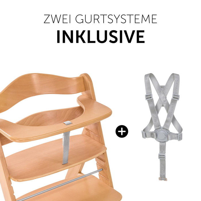 Hauck Kinder Hochstuhl Alpha+, Mitwachsend ab 6 Monate, Buchenholz, Stabil & Sicher bis 90 kg, Inklusive 5-Punkt-Gurt, Schrittgurt und Schutzbügel