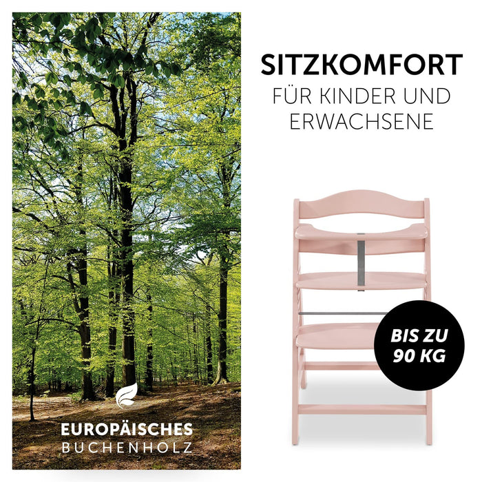 Hauck Kinder Hochstuhl Alpha+, Mitwachsend ab 6 Monate, Buchenholz, Stabil & Sicher bis 90 kg, Inklusive 5-Punkt-Gurt, Schrittgurt und Schutzbügel