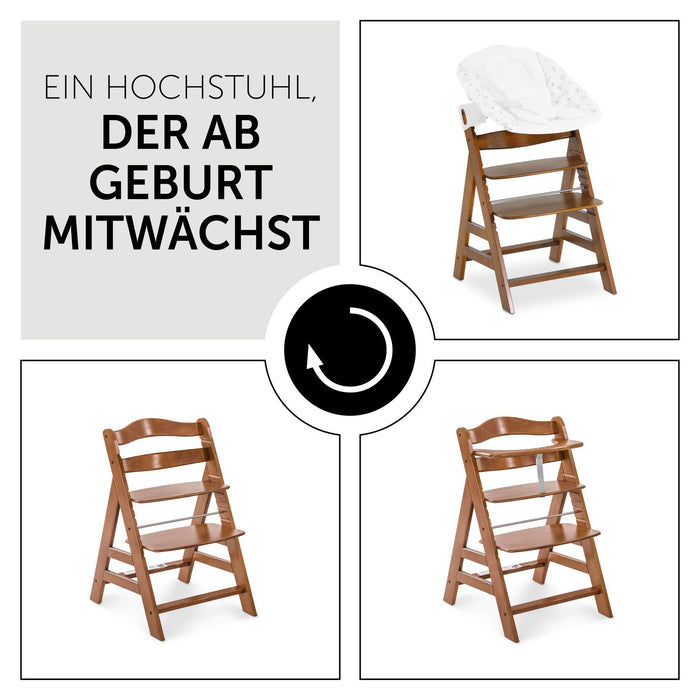 Hauck Kinder Hochstuhl Alpha+, Mitwachsend ab 6 Monate, Buchenholz, Stabil & Sicher bis 90 kg, Inklusive 5-Punkt-Gurt, Schrittgurt und Schutzbügel