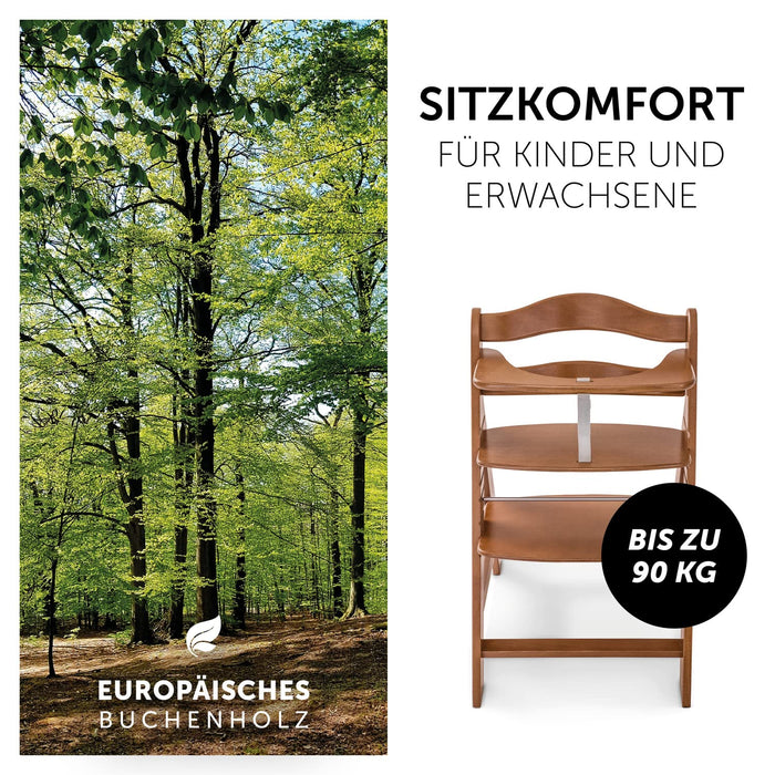 Hauck Kinder Hochstuhl Alpha+, Mitwachsend ab 6 Monate, Buchenholz, Stabil & Sicher bis 90 kg, Inklusive 5-Punkt-Gurt, Schrittgurt und Schutzbügel