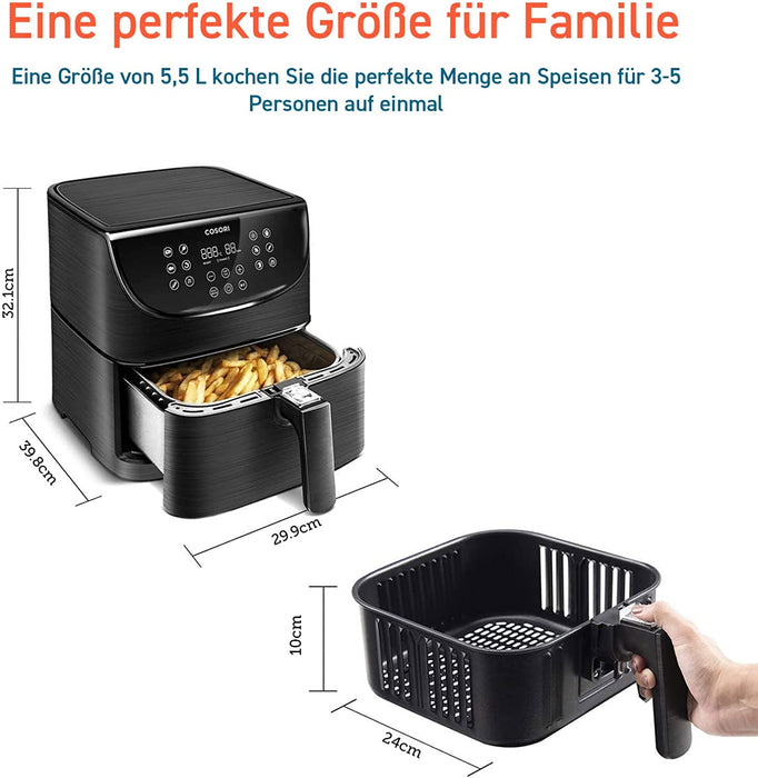 Heißluftfritteuse 5,5L XXL Friteuse Heissluft Fritteusen Air Fryer mit 100 Rezeptbuch auf Deutsch, Digitalem LED-Touchscreen, 11 Programmen