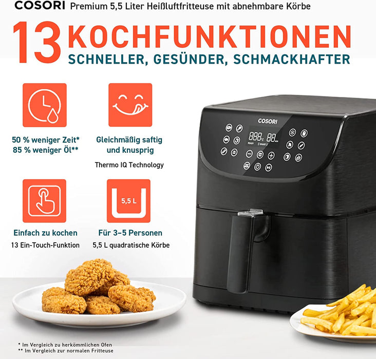 Heißluftfritteuse 5,5L XXL Friteuse Heissluft Fritteusen Air Fryer mit 100 Rezeptbuch auf Deutsch, Digitalem LED-Touchscreen, 11 Programmen