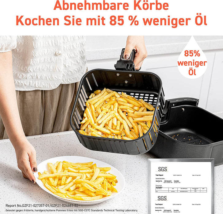 Heißluftfritteuse 5,5L XXL Friteuse Heissluft Fritteusen Air Fryer mit 100 Rezeptbuch auf Deutsch, Digitalem LED-Touchscreen, 11 Programmen