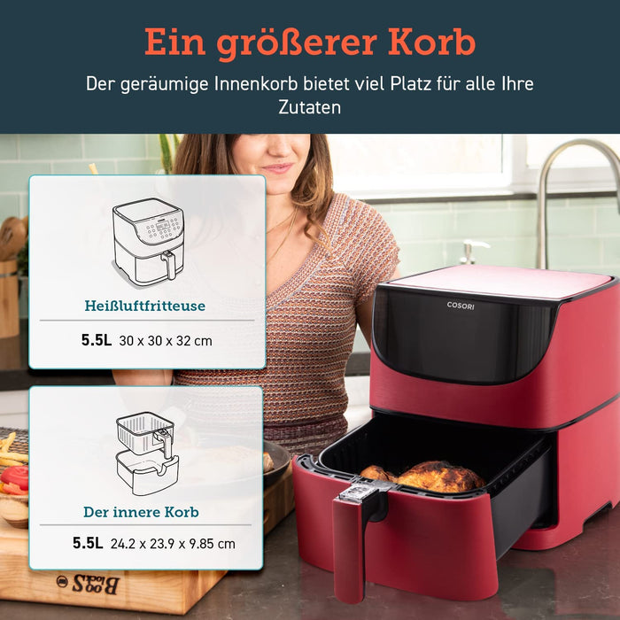 Heißluftfritteuse 5,5L XXL Rot Friteuse Heissluft Fritteusen Air Fryer mit Digitalem LED-Touchscreen, 11 Programmen, Vorheizen&Warmhalten
