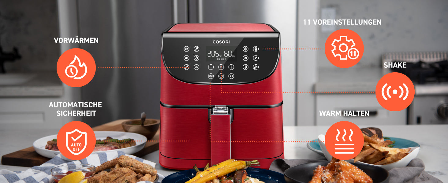 Heißluftfritteuse 5,5L XXL Rot Friteuse Heissluft Fritteusen Air Fryer mit Digitalem LED-Touchscreen, 11 Programmen, Vorheizen&Warmhalten