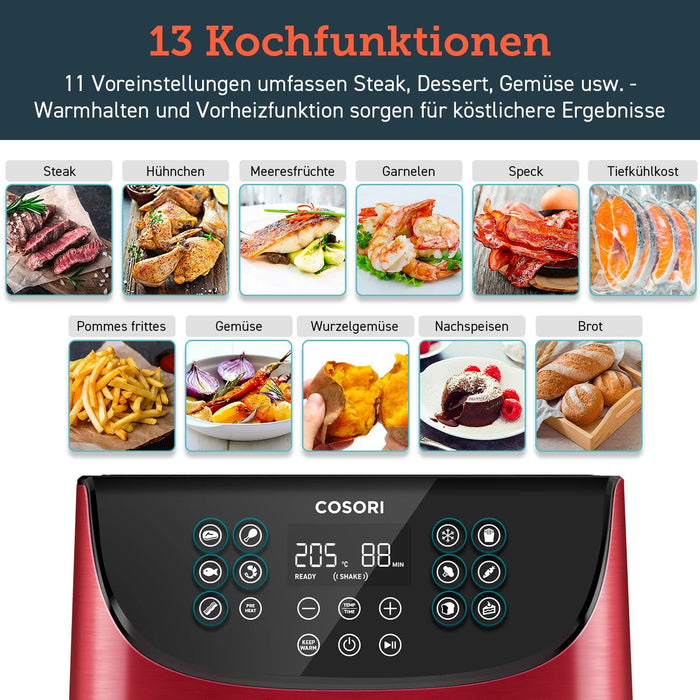 Heißluftfritteuse 5,5L XXL Rot Friteuse Heissluft Fritteusen Air Fryer mit Digitalem LED-Touchscreen, 11 Programmen, Vorheizen&Warmhalten