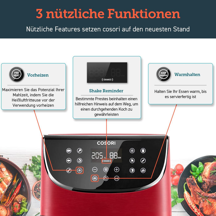 Heißluftfritteuse 5,5L XXL Rot Friteuse Heissluft Fritteusen Air Fryer mit Digitalem LED-Touchscreen, 11 Programmen, Vorheizen&Warmhalten