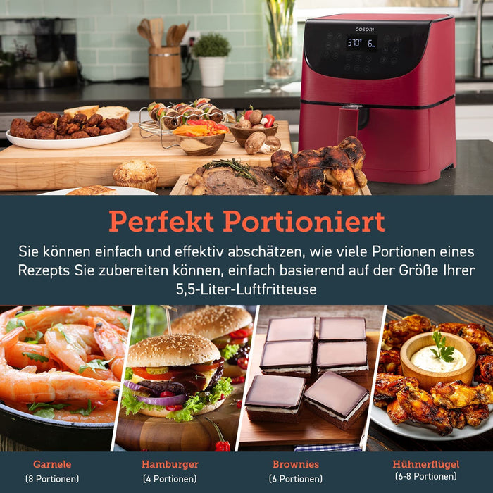 Heißluftfritteuse 5,5L XXL Rot Friteuse Heissluft Fritteusen Air Fryer mit Digitalem LED-Touchscreen, 11 Programmen, Vorheizen&Warmhalten