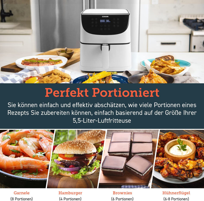 Heißluftfritteuse 5,5L XXL Weiß Friteuse Heissluft Fritteusen Air Fryer mit Digitalem LED-Touchscreen, 13 Programmen, Vorheizen&Warmhalten
