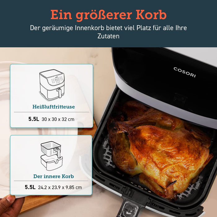 Heißluftfritteuse 5,5L XXL Weiß Friteuse Heissluft Fritteusen Air Fryer mit Digitalem LED-Touchscreen, 13 Programmen, Vorheizen&Warmhalten