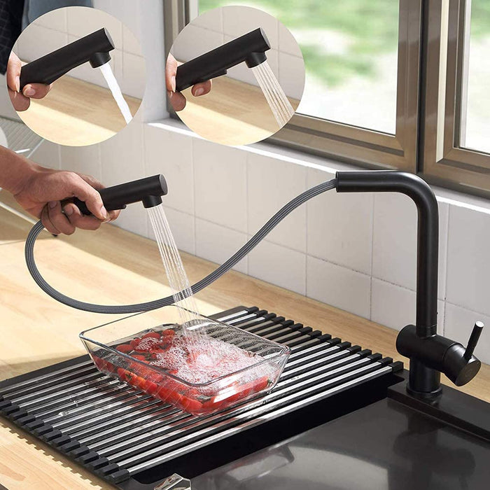 Hochdruck Wasserhahn Küche Schwarz, Armatur Küche Ausziehbar, Küchenarmatur mit Brause Zwei Wasserstrahlarten, Einhebel Spültischarmatur 
