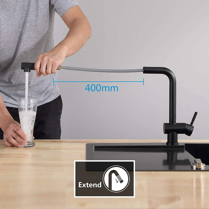 Hochdruck Wasserhahn Küche Schwarz, Armatur Küche Ausziehbar, Küchenarmatur mit Brause Zwei Wasserstrahlarten, Einhebel Spültischarmatur 