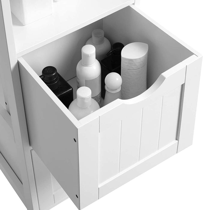 Hochschrank, Badezimmerschrank, Aufbewahrung von Badutensilien, mit 2 Schubladen und 3 offenen Fächern, 30 x 30 x 141,5 cm, Badezimmer, Wohnzimmer