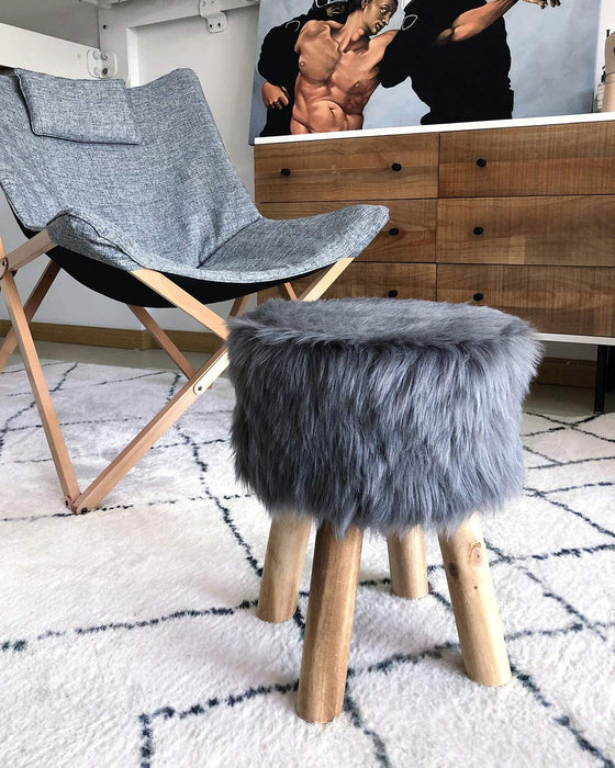 Hocker Pouf Hocker Sitzhocker Sofa Puff Hocker Kleiner Fußbank Rund aus Massivholz Grau