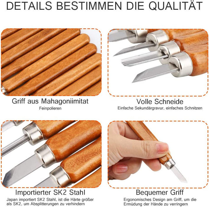 Holz-Schnitzwerkzeug Set - 12 STK Holz Schnitzmesser und ein Schleifsteine für Erwachsene und Kinder, Schnitzen Werkzeug für Holz, Obst, Gemüse