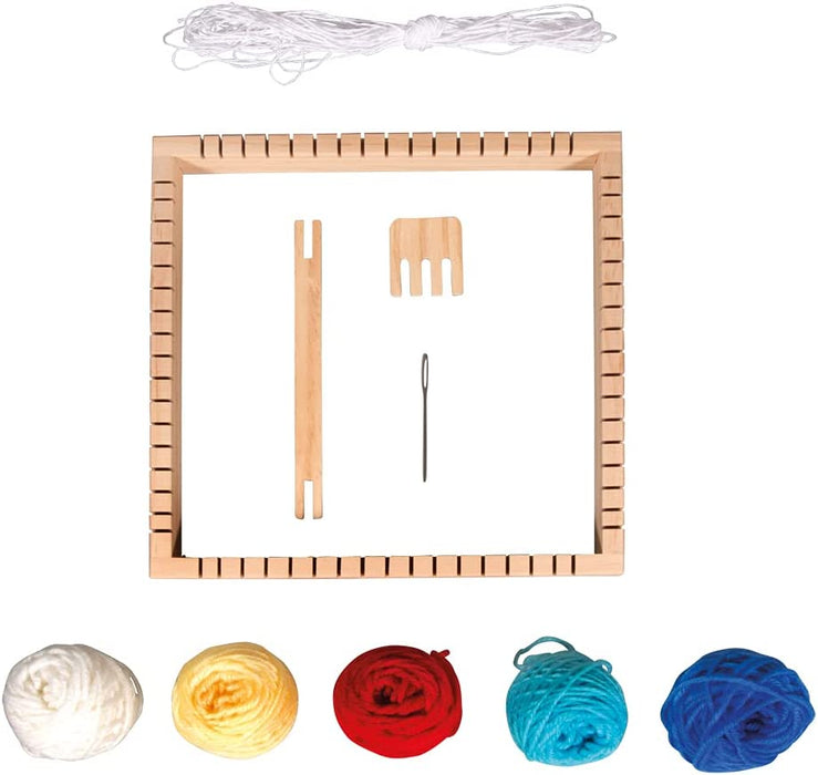 Holz Webrahmen, 23x23 cm, quadratisch, Webbreite 18 cm, All-in-one-Starterset mit Rahmen, Wolle, Garn, Nadel, Webkamm, Schiffchen, Pinienholz