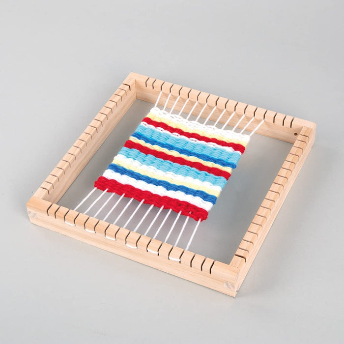 Holz Webrahmen, 23x23 cm, quadratisch, Webbreite 18 cm, All-in-one-Starterset mit Rahmen, Wolle, Garn, Nadel, Webkamm, Schiffchen, Pinienholz