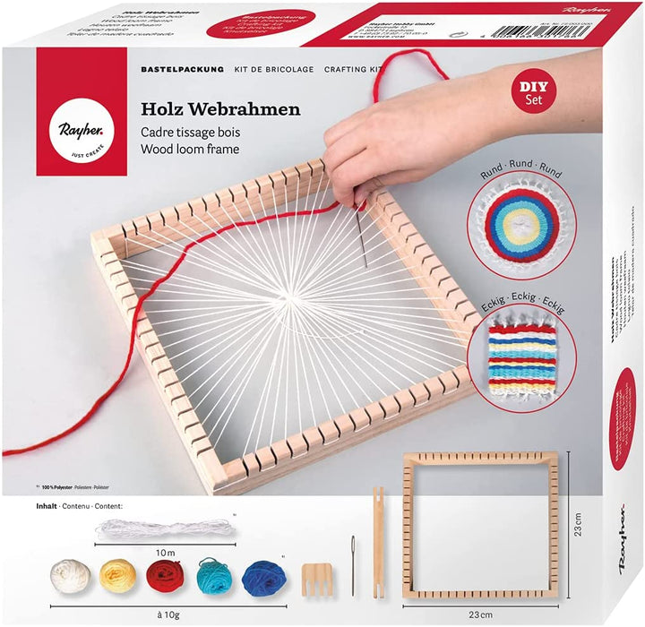 Holz Webrahmen, 23x23 cm, quadratisch, Webbreite 18 cm, All-in-one-Starterset mit Rahmen, Wolle, Garn, Nadel, Webkamm, Schiffchen, Pinienholz