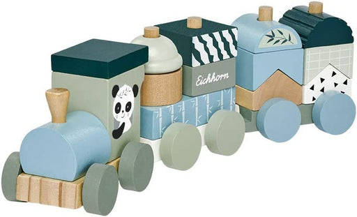 Holzzug mit 2 Waggongs und 13 Bausteinen, Lok und Anhänger bestehend aus Bausteinen, 16 teilig, 29cm lang, Motorikspielzeug für Kinder ab einem Jahr