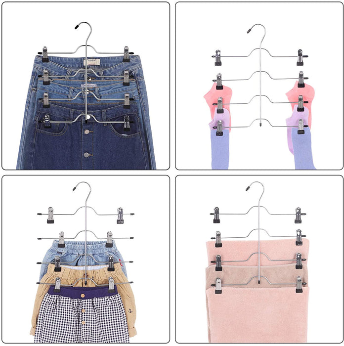 Hosenbügel platzsparend, Mehrfach-Rockbügel mit Clips, 3er Set, Kleiderbügel aus Metall, für je 4 Hosen, mit 8 verstellbaren Klammern, rutschfest