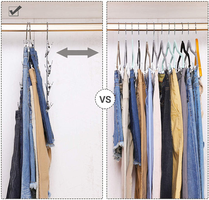 Hosenbügel platzsparend, Mehrfach-Rockbügel mit Clips, 3er Set, Kleiderbügel aus Metall, für je 4 Hosen, mit 8 verstellbaren Klammern, rutschfest