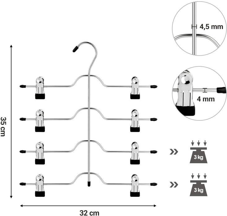 Hosenbügel platzsparend, Mehrfach-Rockbügel mit Clips, 3er Set, Kleiderbügel aus Metall, für je 4 Hosen, mit 8 verstellbaren Klammern, rutschfest
