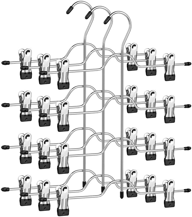 Hosenbügel platzsparend, Mehrfach-Rockbügel mit Clips, 3er Set, Kleiderbügel aus Metall, für je 4 Hosen, mit 8 verstellbaren Klammern, rutschfest