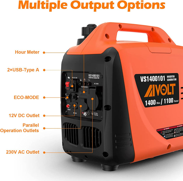 Inverter Stromerzeuger 1400 Watt Notstromaggregat Benzin leise Stromaggregat für Campen, Festivals, und Hausgebrauch mit 2 USB