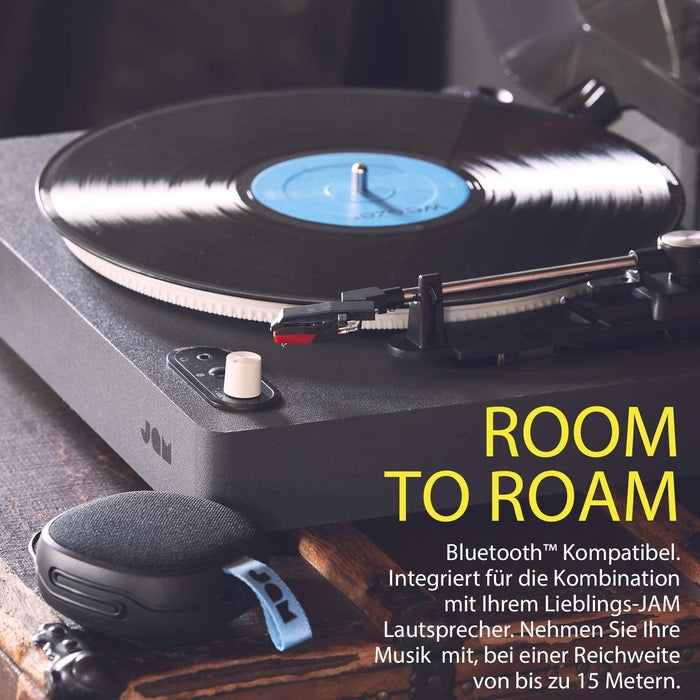 Jam Spun Out Bluetooth Plattenspieler, Vinyl Plattenspieler, 3-fach Riemenantrieb für erstklassigen Sound, Bluetooth-Funktion, Kopfhörerausgang und Aux-Eingang, inklusive Staubschutzhülle - Schwarz