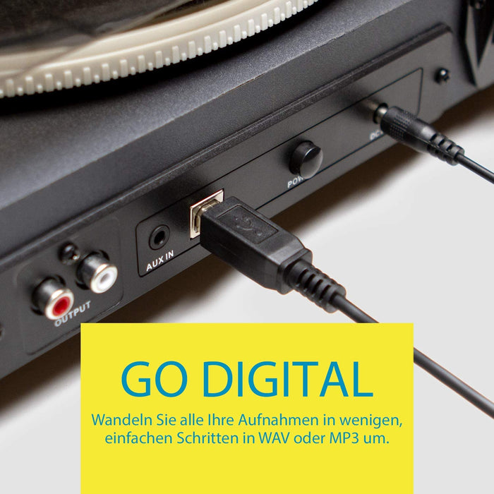 Jam Spun Out Bluetooth Plattenspieler, Vinyl Plattenspieler, 3-fach Riemenantrieb für erstklassigen Sound, Bluetooth-Funktion, Kopfhörerausgang und Aux-Eingang, inklusive Staubschutzhülle - Schwarz