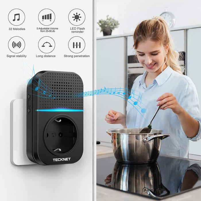 Kabellose Türklingel Batterielose, Steckdosen-Funkklingel IP65 Wasserdicht Drahtloses Türklingel Funk Türklingel mit EU-Steckdose, LED Anzeige