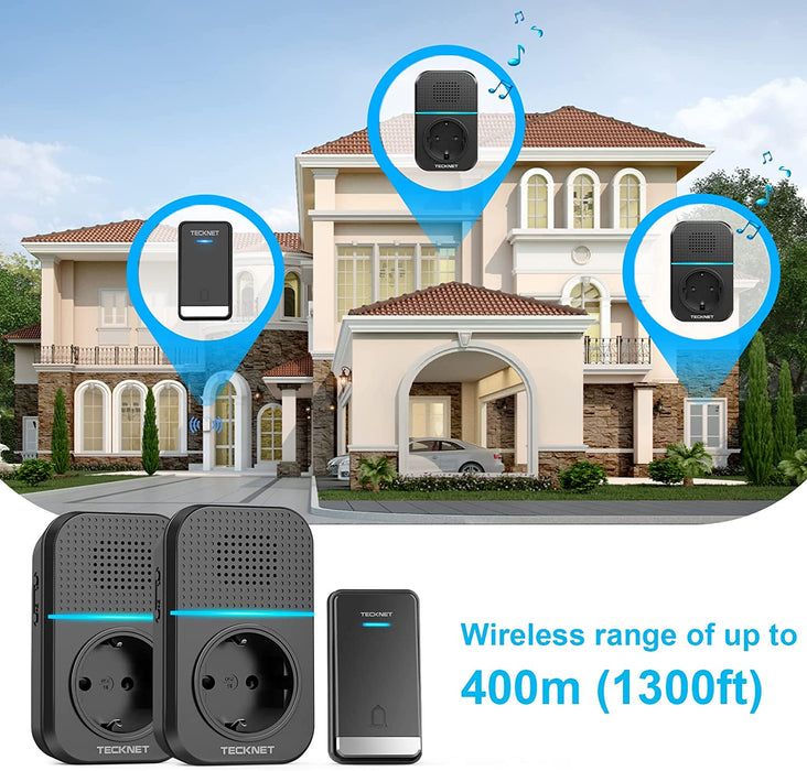 Kabellose Türklingel mit Steckdose, 400m Drahtloses Türklingel Funk Türklingel, IP65 Wasserdicht Steckdosen-Funkklingel mit LED-Anzeigen