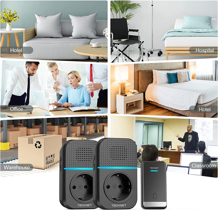 Kabellose Türklingel mit Steckdose, 400m Drahtloses Türklingel Funk Türklingel, IP65 Wasserdicht Steckdosen-Funkklingel mit LED-Anzeigen