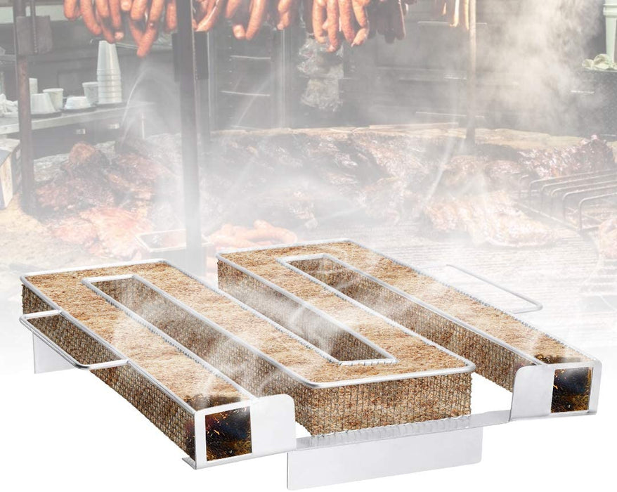 Kaltrauchgenerator aus Edelstahl, Sparbrand Kaltraucherzeuger Mit Griffen Bürste + Haken für Räuchern von Fleisch Fisch für Smoker, Räucherofen