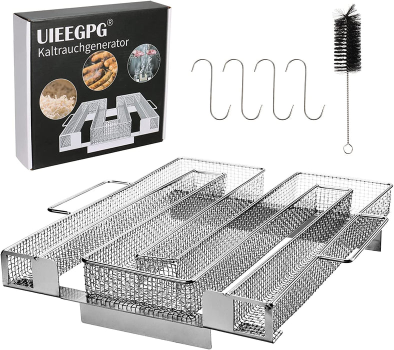 Kaltrauchgenerator aus Edelstahl, Sparbrand Kaltraucherzeuger Mit Griffen Bürste + Haken für Räuchern von Fleisch Fisch für Smoker, Räucherofen