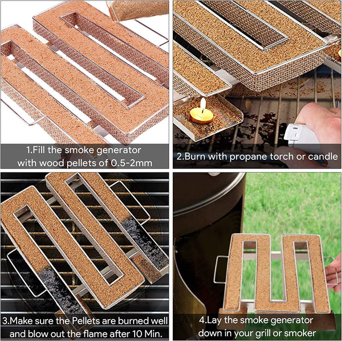 Kaltrauchgenerator mit Henkel, M- Kaltraucherzeuger aus Edelstahl bis 12 Std. Kaltrauch, mit 2 Fleischhaken + 1 Reinigungsbürste, Cold Smoke Generator