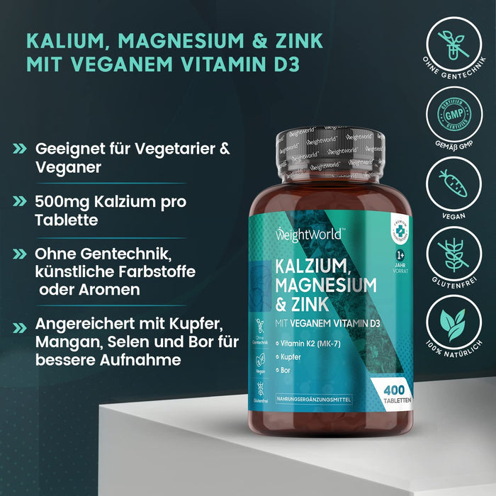 Kalzium, Magnesium & Zink - 400 Tabletten - Mit Vitamin D3, K2, Selen, Mangan, Bor - Geprüfte, Natürliche Inhaltsstoffe - Vegane Vitamine