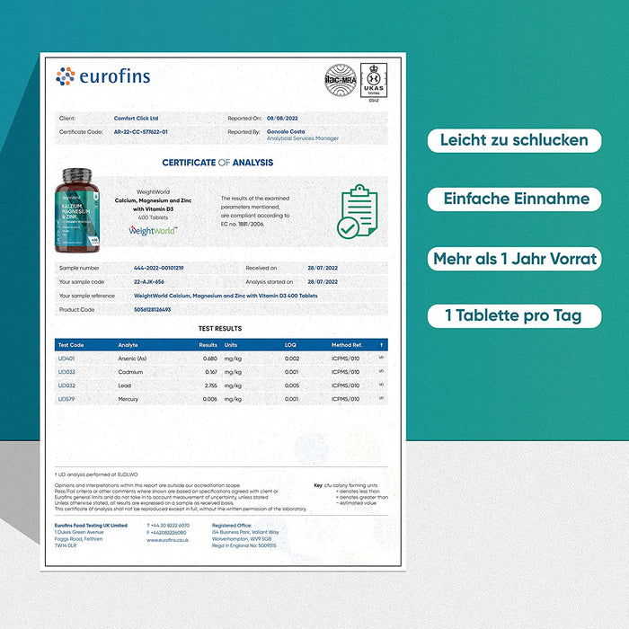 Kalzium, Magnesium & Zink - 400 Tabletten - Mit Vitamin D3, K2, Selen, Mangan, Bor - Geprüfte, Natürliche Inhaltsstoffe - Vegane Vitamine
