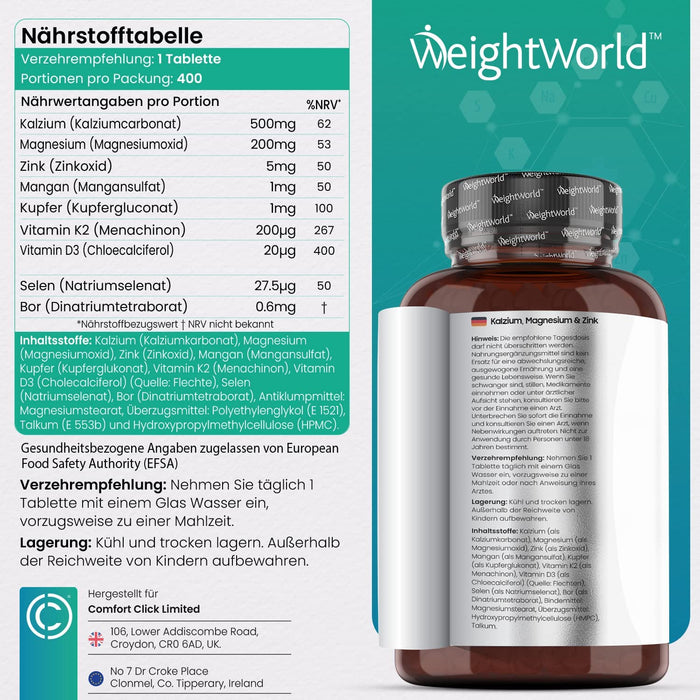Kalzium, Magnesium & Zink - 400 Tabletten - Mit Vitamin D3, K2, Selen, Mangan, Bor - Geprüfte, Natürliche Inhaltsstoffe - Vegane Vitamine