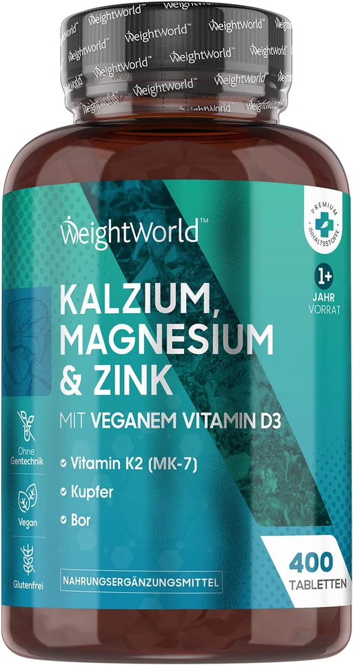 Kalzium, Magnesium & Zink - 400 Tabletten - Mit Vitamin D3, K2, Selen, Mangan, Bor - Geprüfte, Natürliche Inhaltsstoffe - Vegane Vitamine