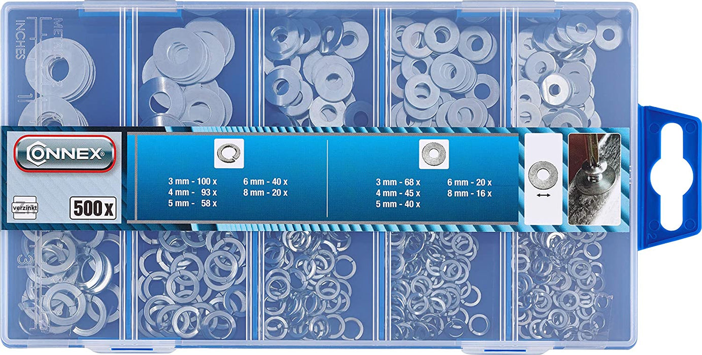 Karosseriescheiben- und Federringe-Sortiment 500-teilig - DIN 127B & DIN 9021 - Verzinkt - Vorsortiert in praktischer Kunststoffbox 
