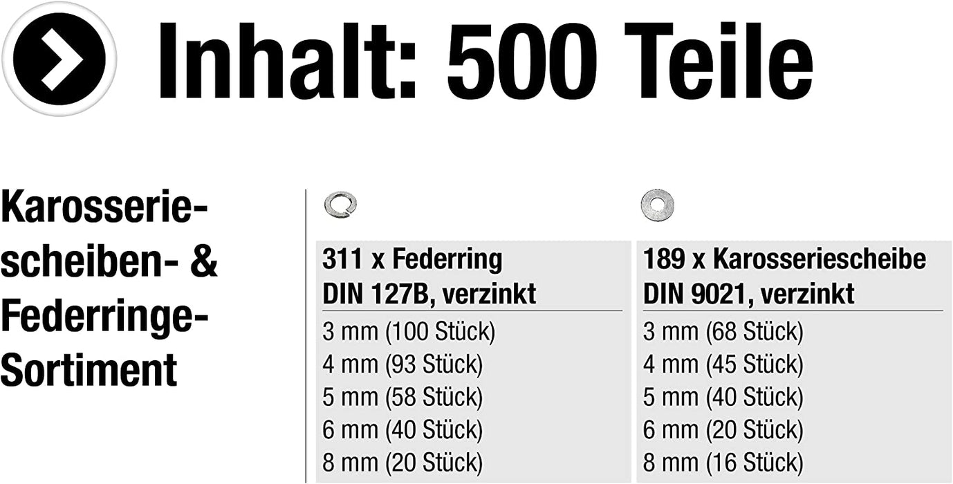Karosseriescheiben- und Federringe-Sortiment 500-teilig - DIN 127B & DIN 9021 - Verzinkt - Vorsortiert in praktischer Kunststoffbox 