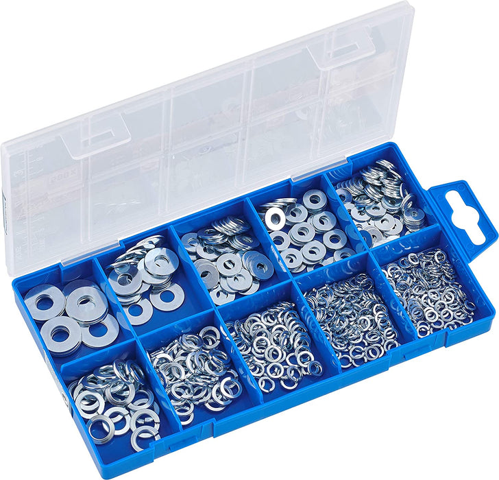 Karosseriescheiben- und Federringe-Sortiment 500-teilig - DIN 127B & DIN 9021 - Verzinkt - Vorsortiert in praktischer Kunststoffbox 