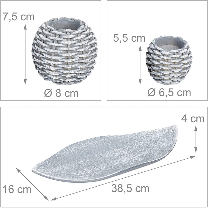 Kerzen Deko, Kerzenschale, Dekokies, Flechtoptik Kerzenhalter, stimmungsvolle Tischdeko, 38,5 cm lang, grau