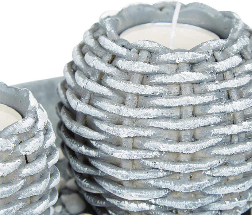 Kerzen Deko, Kerzenschale, Dekokies, Flechtoptik Kerzenhalter, stimmungsvolle Tischdeko, 38,5 cm lang, grau