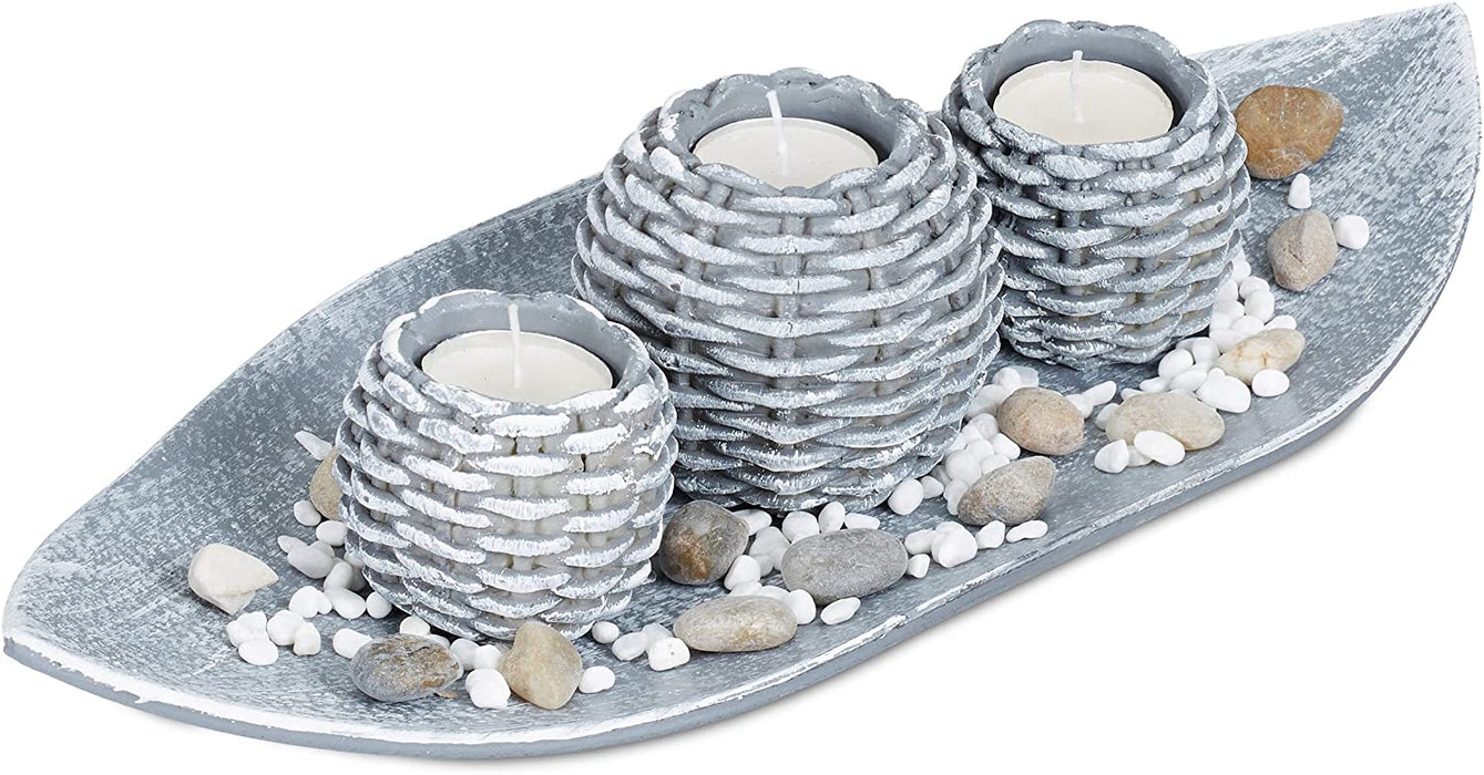 Kerzen Deko, Kerzenschale, Dekokies, Flechtoptik Kerzenhalter, stimmungsvolle Tischdeko, 38,5 cm lang, grau