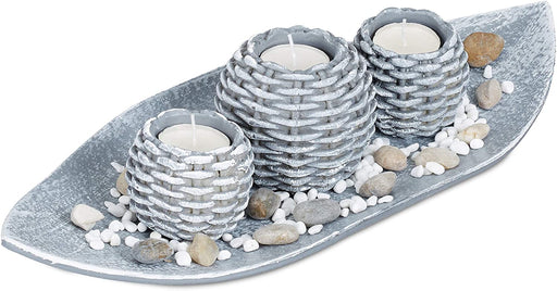 Kerzen Deko, Kerzenschale, Dekokies, Flechtoptik Kerzenhalter, stimmungsvolle Tischdeko, 38,5 cm lang, grau