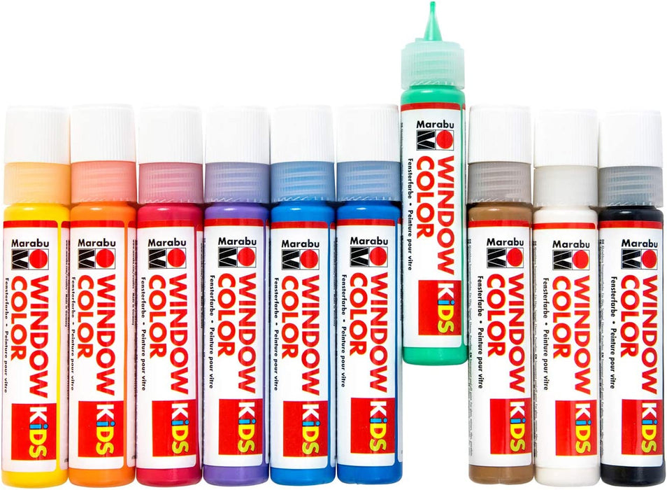 Kids Window Color Set mit 10 x 25 ml Farbe und Malvorlage A4 mit 18 Motiven, Fenstermalfarbe auf Wasserbasis, geeignet für Glas, Spiegel, Fliesen 